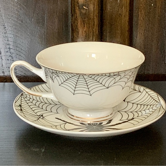Spooky Spider with Spider Webs Ceramic Halloween Tea Cup and Saucer Set - Picture 4 of 9